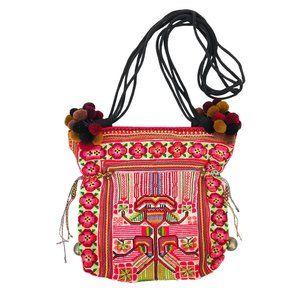 JADEtribe Messenger Bag Shoulder Handbag Floral Embroidery Pompom Boho Pink Red